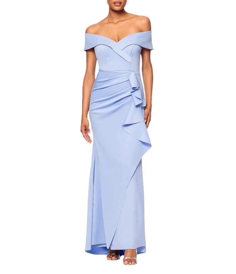 エスケープ レディース トップス ワンピース フリル Xscape Stretch Off-the-Shoulder Short Sleeve Mermaid Gown with Ruffle Periwinkle