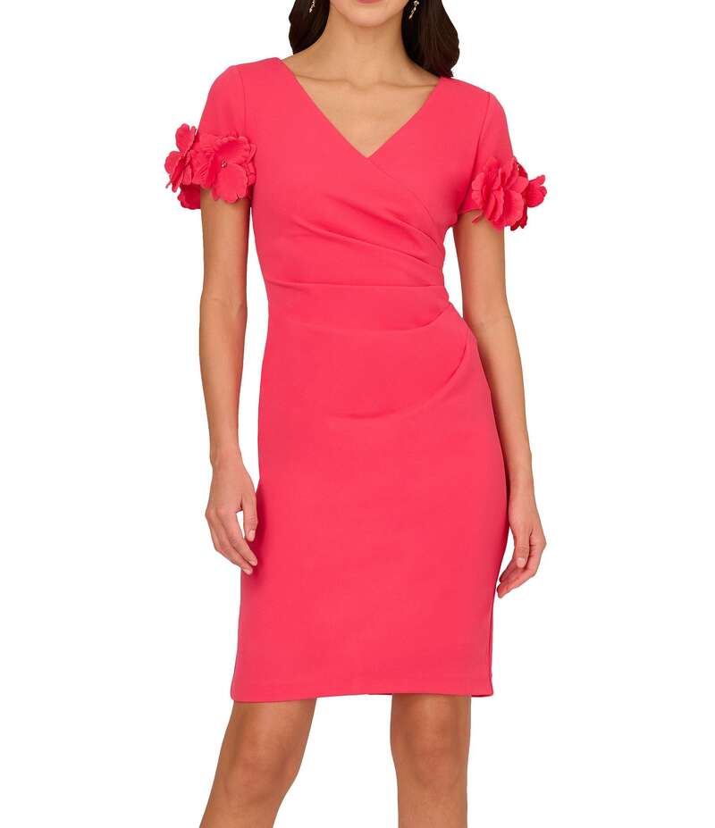 アドリアナ パペル レディース トップス 衣装 縮緬 御花柄 御花 Adrianna Papell Stretch Crepe Surplice V-Neckline Short Floral Sleeve Dress Petunia