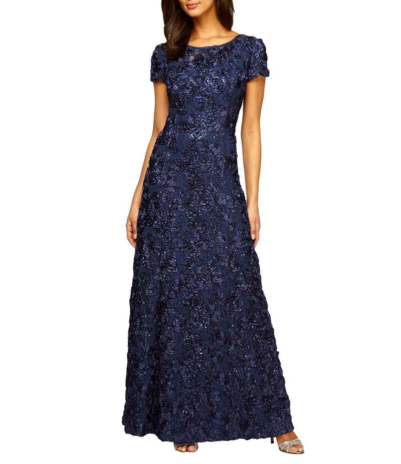 アレックスイブニングス レディース トップス ワンピース フラワー柄 スパンコール レース フラワー Alex Evenings Sequin Floral Lace Ribbon Rosette Round Neck Short Sleeve Gown Navy ネイビー