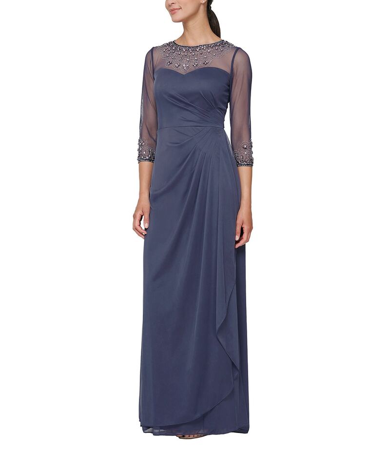 アレックスイブニングス レディース トップス ワンピース ギャザー Alex Evenings Long Beaded Illusion Sweetheart Neck 3/4 Sleeve Ruched Dress Violet バイオレット