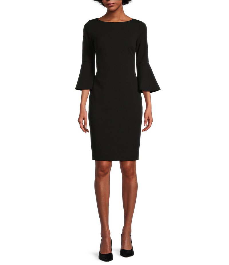 カルバンクライン レディース トップス ワンピース Calvin Klein 3/4 Bell Sleeve Boat Neck Sheath Dress Black ブラック｜ReVida 店