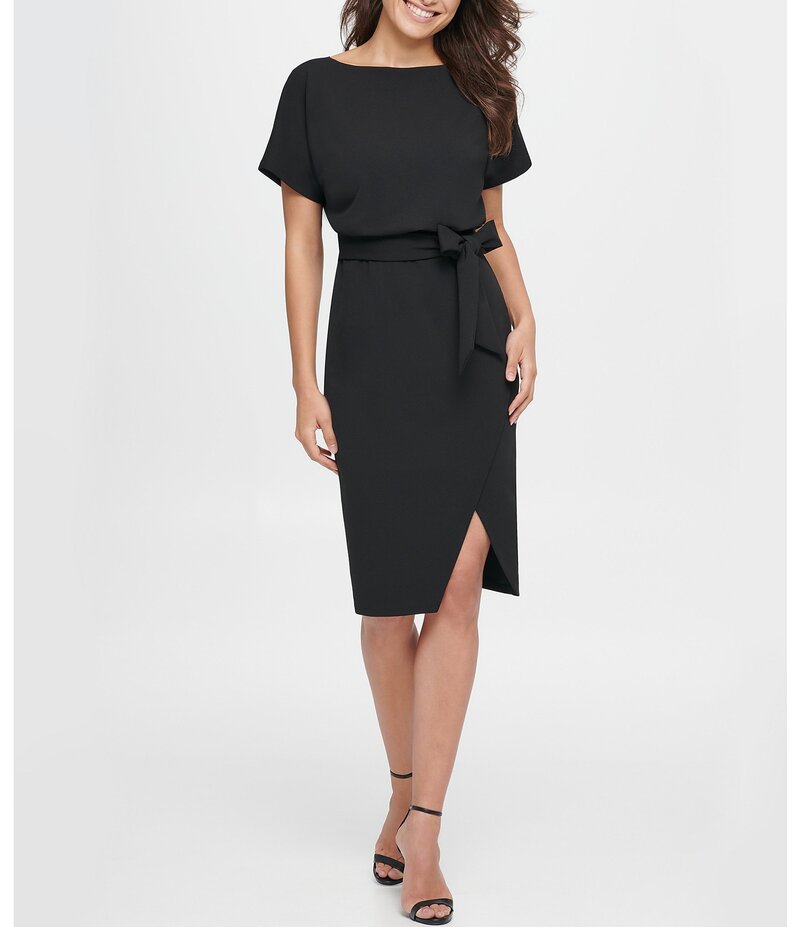ケンジー レディース トップス ワンピース ニット Kensie Textured Knit Boat Neck Self-Tie Waist Faux Wrap Blouson Dress Black ブラック