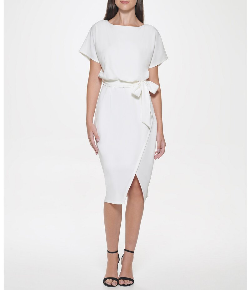 ケンジー レディース トップス ワンピース ニット Kensie Textured Knit Boat Neck Self-Tie Waist Faux Wrap Blouson Dress Ivory アイボリー｜ReVida 店