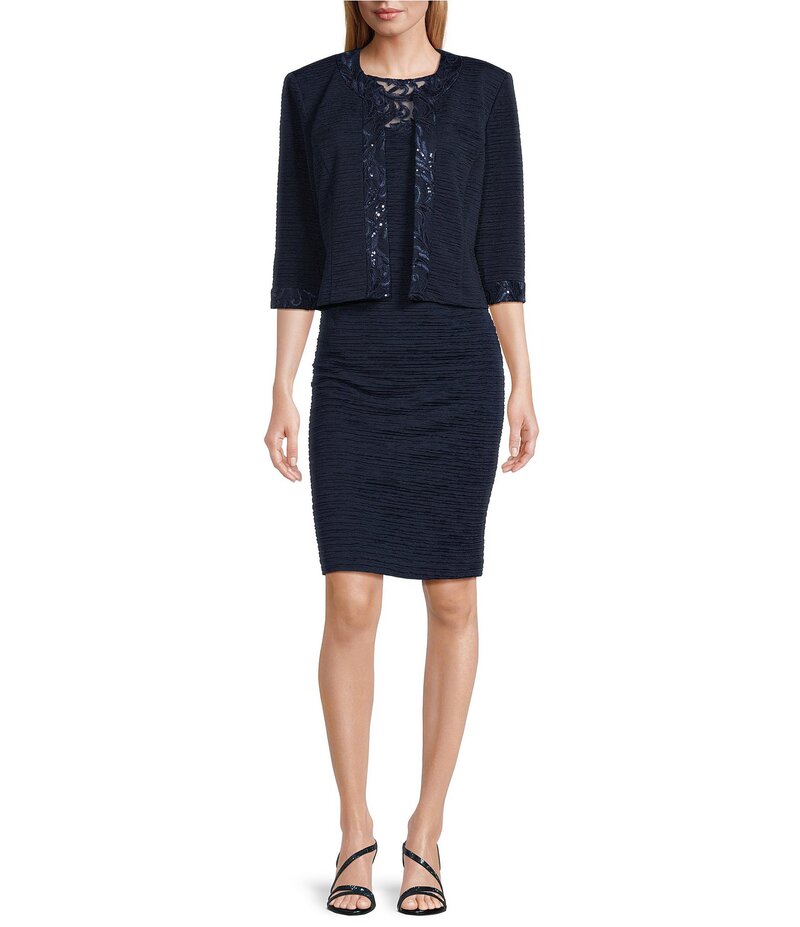 ルボ レディース トップス 衣装 メッシュ 刺しゅう 上衣 Le Bos Round Neck 3/4 Sleeve Embroidered Mesh Trim Textured 2-Piece Jacket Dress Navy 米国海軍