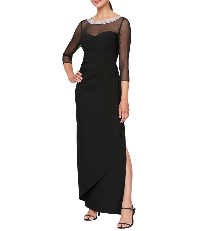 アレックスイブニングス レディース トップス ワンピース サイドスリット ギャザー メッシュ Alex Evenings Illusion Mesh 3/4 Sleeve Round Neck Side Slit Ruched Gown Black ブラック｜ReVida 店