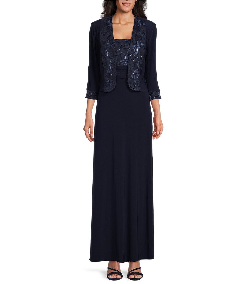 ルボ レディース トップス ワンピース 刺繍 ジャケット Le Bos Embroidered 3/4 Sleeve Square Neck 2-Piece Jacket Dress Navy ネイビー