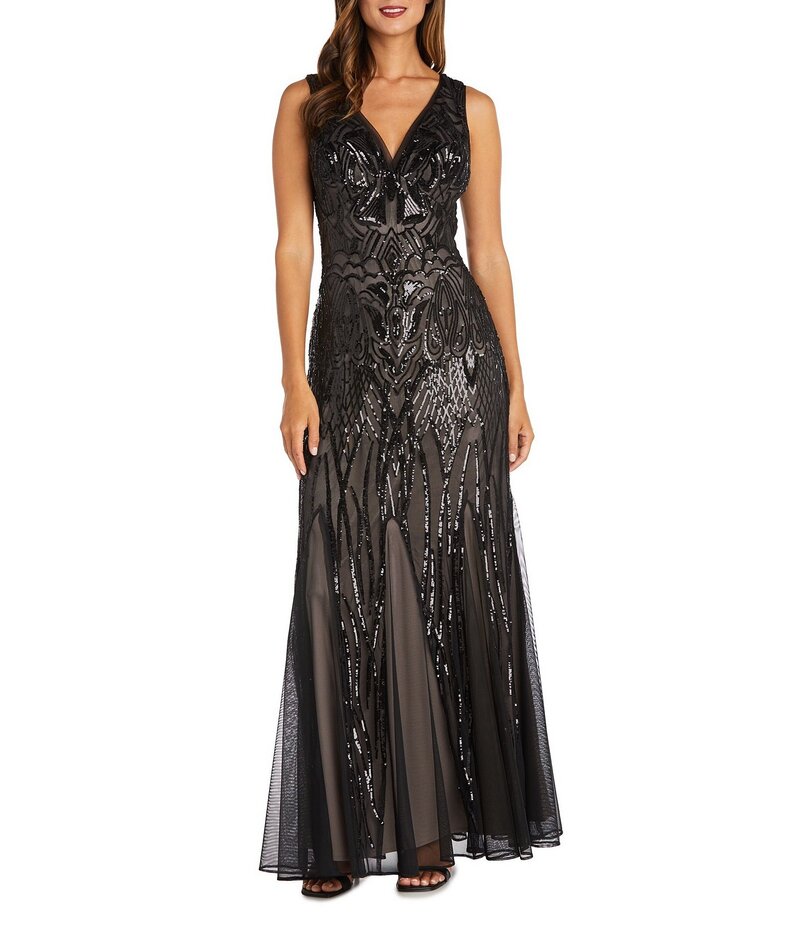 アールアンドエムリチャーズ レディース トップス ワンピース Vネック スパンコール スカート ノースリーブ R & M Richards Sleeveless V-Neck Godet Skirt Embellished Long Sequin Dress Black/Nude ブラック