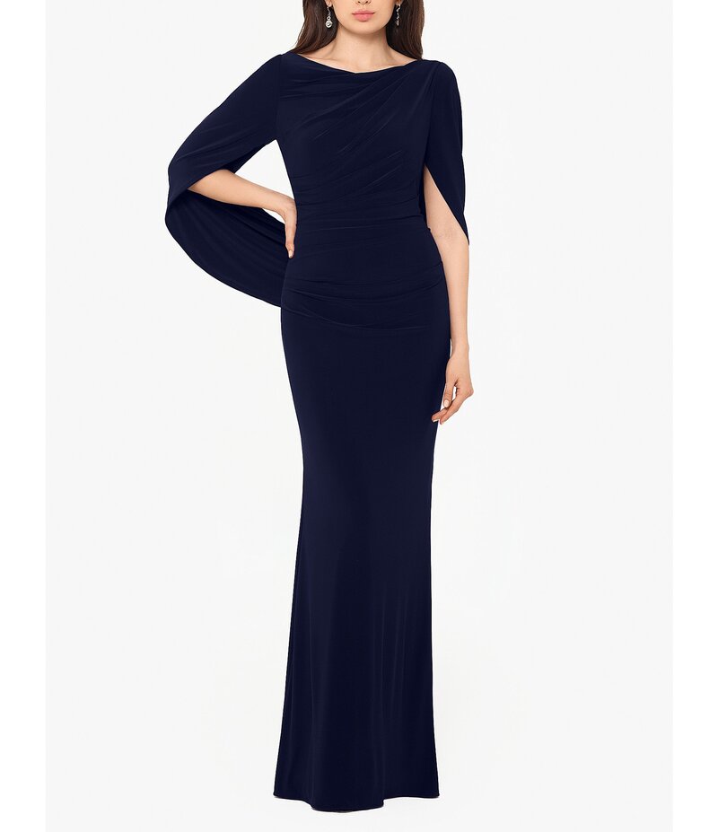 ベッツィアンドアダム レディース トップス ワンピース ドレープ ノースリーブ Betsy & Adam Cowl Neck Sleeveless Draped Back Mermaid Gown Navy ネイビー
