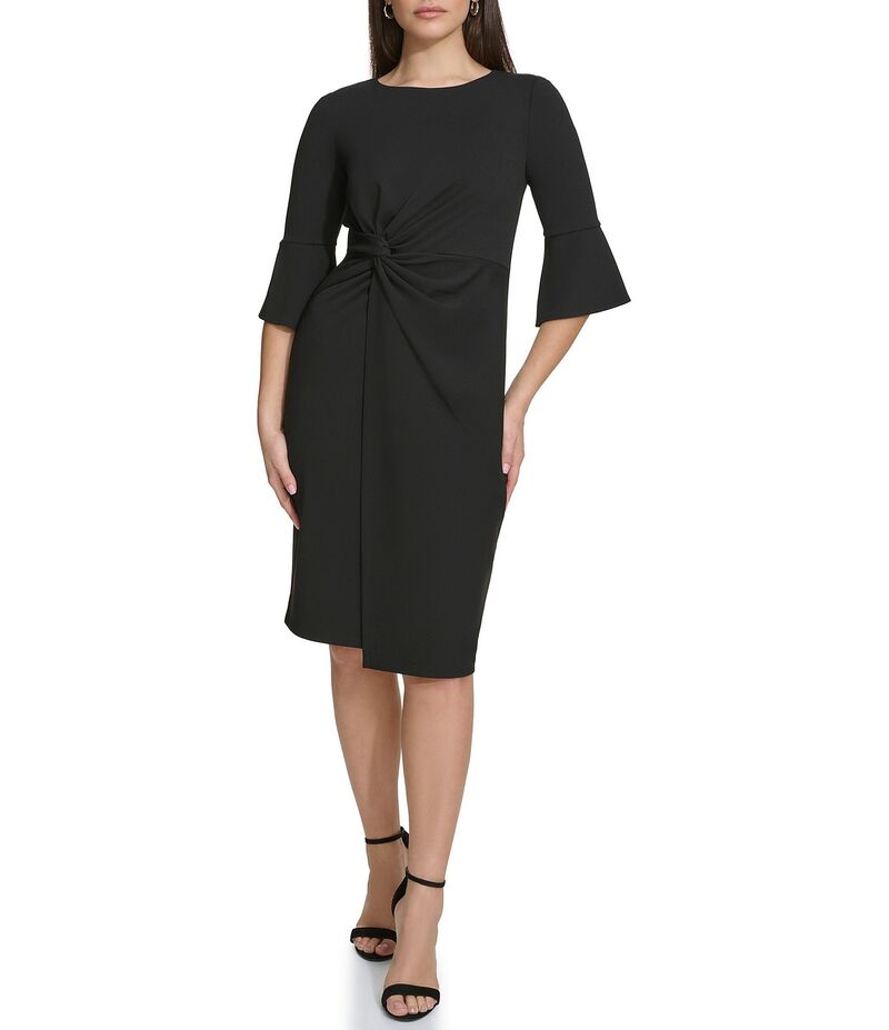 ケンジー レディース トップス 衣装 スコート Kensie Stretch Boat Neck Mid Length Bell Sleeve Twist Waist Faux Wrap Skirt Sheath Dress Black 黒いこと