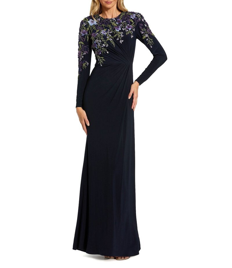 マックダガル レディース トップス ワンピース クルーネック フラワー柄 ニット フラワー Mac Duggal Floral Embellished Knit Crew Neck Long Sleeve Gathered Side Gown Midnight｜ReVida 店