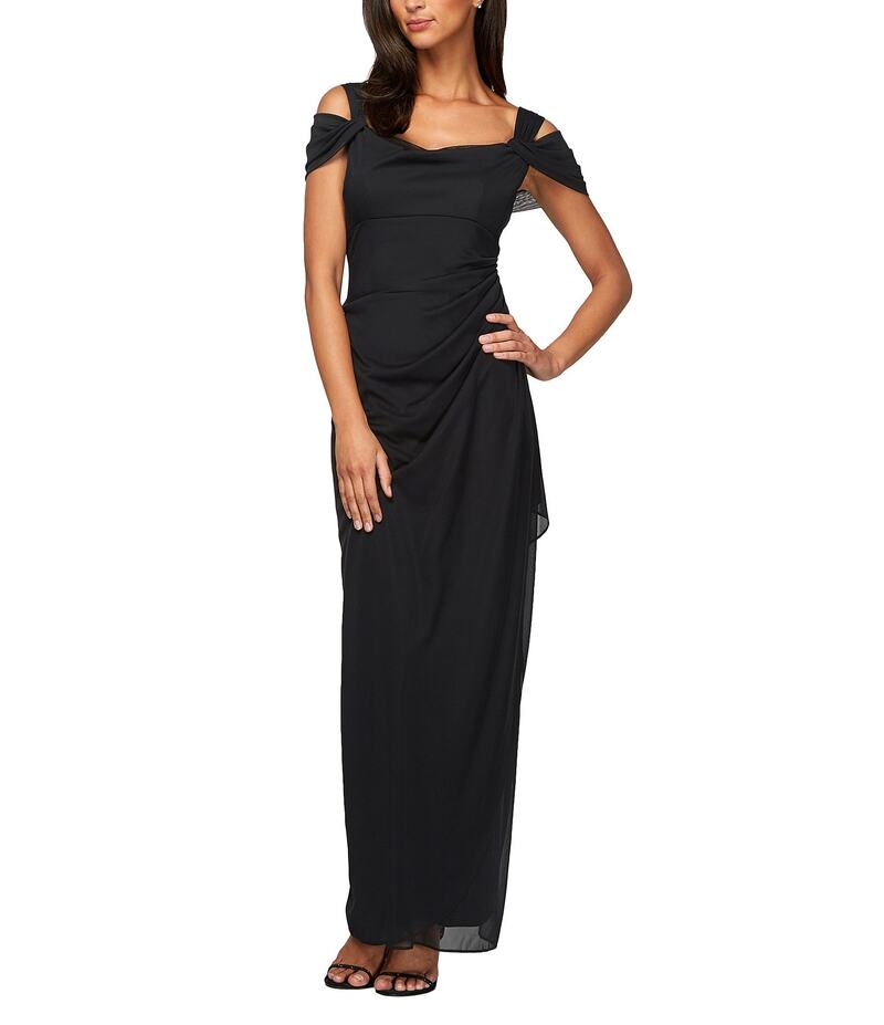 アレックスイブニングス レディース トップス ワンピース ドレープ ギャザー メッシュ キャップ Alex Evenings Exposed Shoulder Draped Neck Cap Sleeve Ruched Waterfall Hem Mesh Gown Black ブラック｜ReVida 店