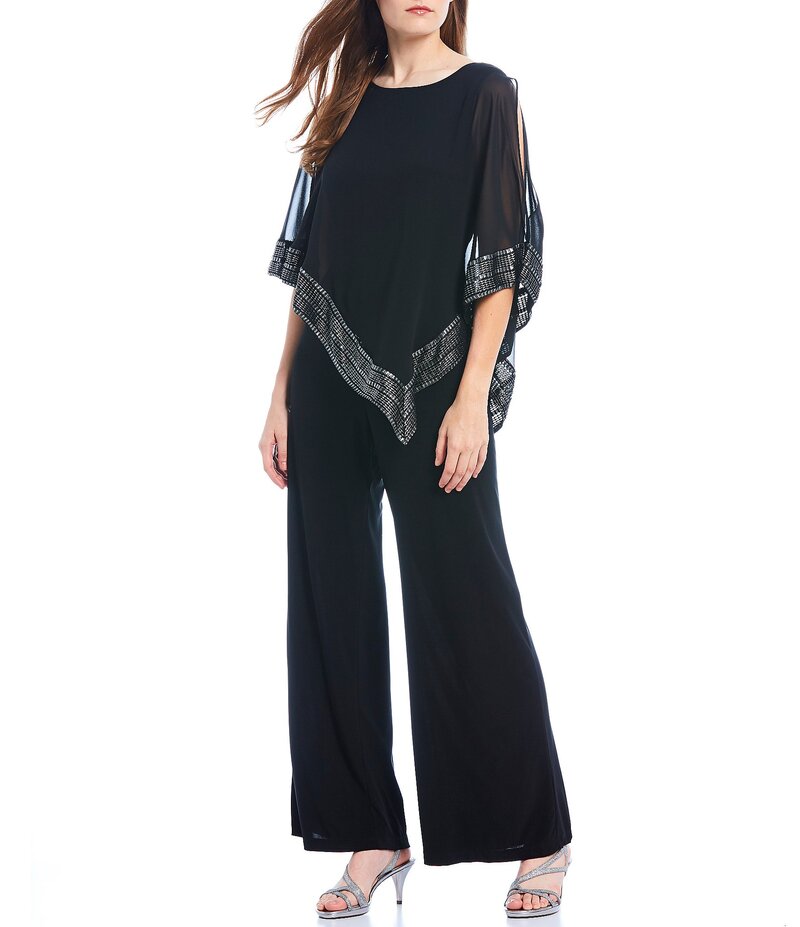 イグナイト レディース トップス ワンピース ケープデザイン アシンメトリー キャップ ケープ ジャンプスーツ Ignite Evenings Foil Trim Boat Neck Asymmetric Cape Jumpsuit Black ブラック