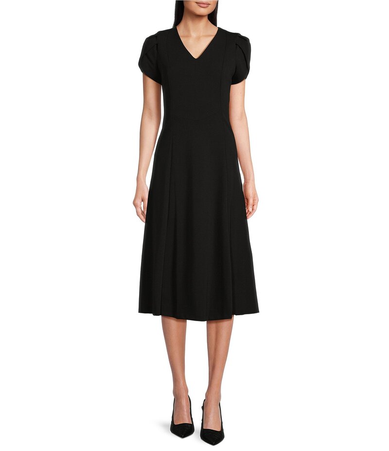 カルバンクライン レディース トップス ワンピース Vネック クレープ A ライン ミディワンピース ミディ スキューバ Calvin Klein Scuba Crepe Short Tulip Sleeve V-Neck A-Line Midi Dress Black ブラック