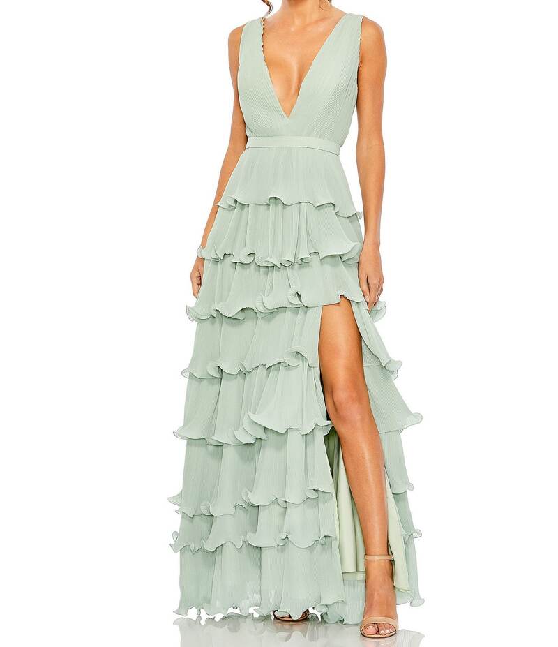 マックダガル レディース トップス ワンピース Vネック ティアード フリル ノースリーブ Mac Duggal Deep V-Neck Sleeveless Ruffle Tiered Thigh High Slit Gown Sage セージ｜ReVida 店