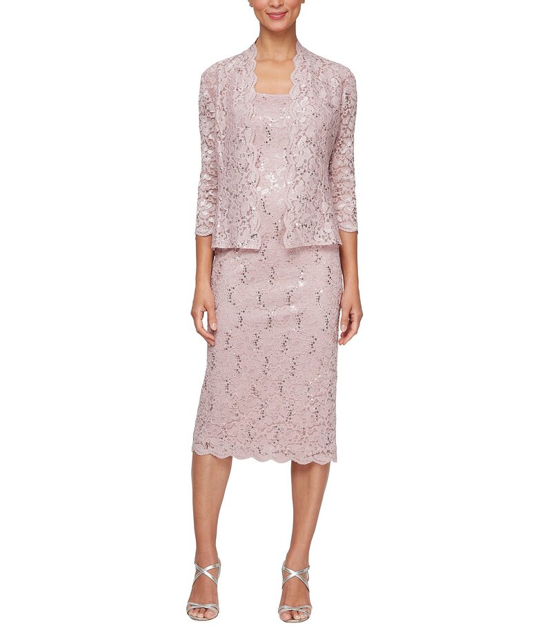 イグナイト レディース トップス ワンピース スパンコール レース ジャケット Ignite Evenings 3/4 Sleeve Square Neck Sequin Lace 2-Piece Jacket Dress Blush ブラッシュ