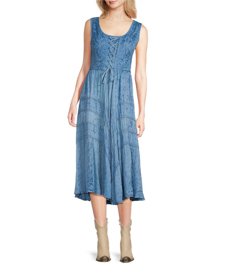 スカーリー レディース トップス ワンピース ミディワンピース フラワー柄 ミディ ノースリーブ 刺繍 レース フラワー Scully Sleeveless Lace-Up Embroidered Floral Jacquard Tie Waist Midi Dress Light Denim デニム
