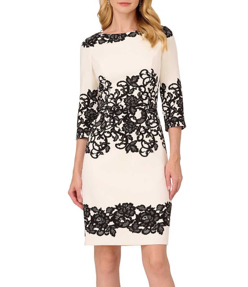アドリアナ パペル レディース トップス ワンピース クレープ プリント レース Adrianna Papell Printed Stretch Boat Neck 3/4 Sleeve Crepe Lace Sheath Dress Ivory Black アイボリー