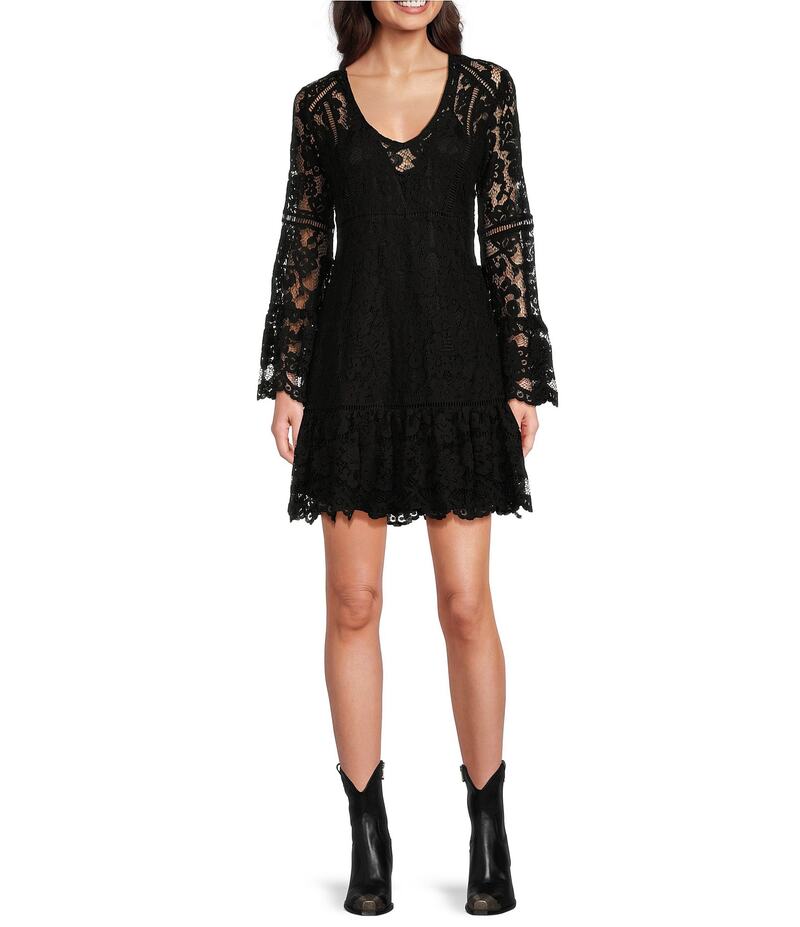 スカーリー レディース トップス ワンピース Vネック A ライン レース Scully Lace V-Neck Long Bell Sleeve Scalloped Hem A-Line Dress Black ブラック｜ReVida 店