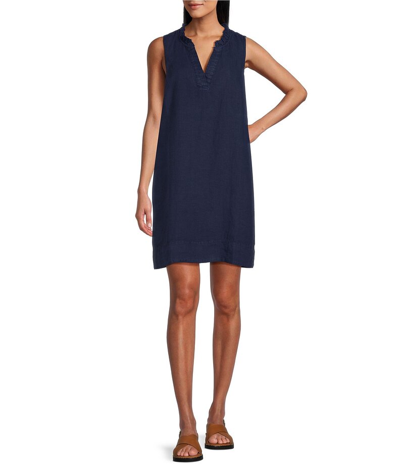 トッミーバハマ レディース トップス ワンピース Vネック フリル ノースリーブ Tommy Bahama Ruffle Split V-Neck Sleeveless Side Pocket Dress Island Navy ネイビー｜ReVida 店