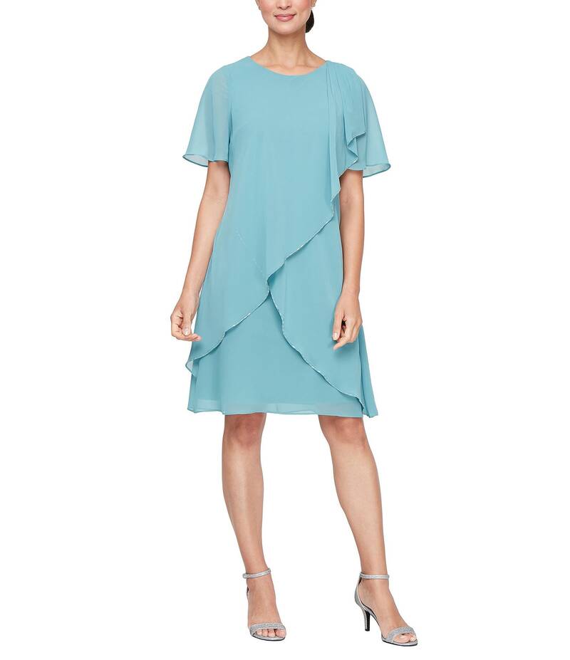 イグナイト レディース トップス ワンピース シフォン オーバーレイ Ignite Evenings Scoop Neck Short Sleeve Tulip Overlay Beaded Trim Chiffon Dress Sea｜ReVida 店