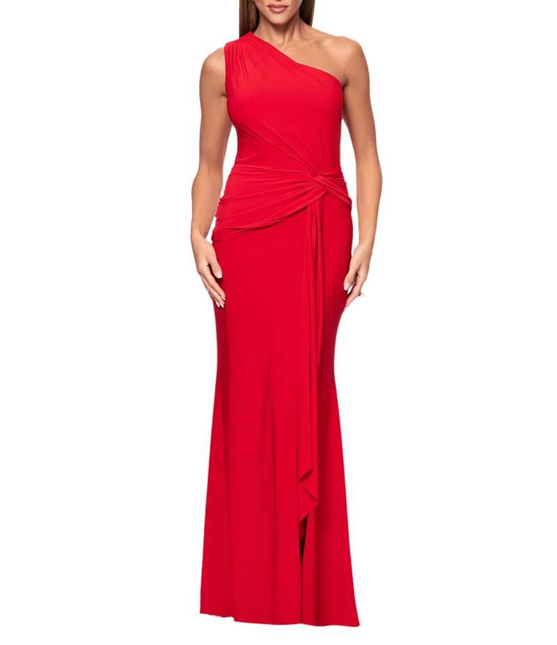 エスケープ レディース トップス ワンピース ドレープ ギャザー ノースリーブ Xscape One Shoulder Neck Sleeveless Ruched Front Drape Sheath Gown Red レッド