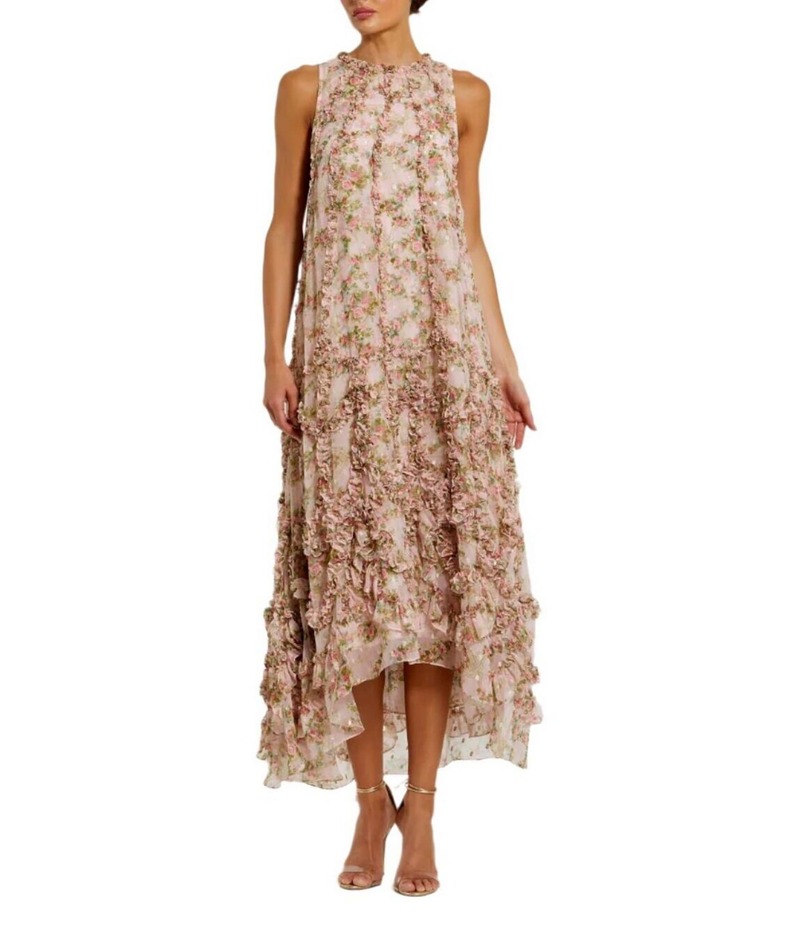 マックダガル レディース トップス ワンピース モックネック シフォン ミディワンピース プリント フリル ミディ Mac Duggal Mock Neck Micro Ruffle Printed Chiffon Shift Midi Dress Pink Multi ピンク|ReVida 店