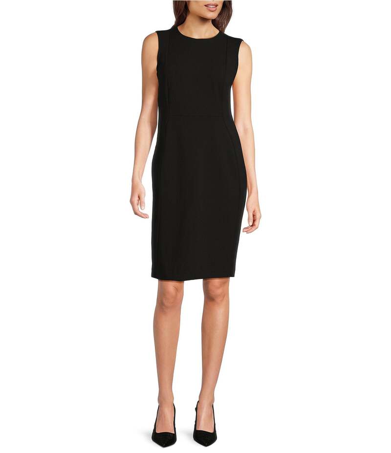 カルバンクライン レディース トップス 衣装 労働者の一団のど首 縮緬 アクアラング ノースリーブ Calvin Klein Sleeveless Seam Front Scuba Crepe Crew Neck Sheath Dress Black 黒いこと ワンピース-レディースファッション