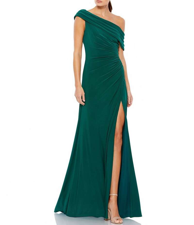 マックダガル レディース トップス ワンピース ギャザー キャップ Mac Duggal One Shoulder Cap Sleeve Ruched Thigh High Slit Faux Wrap Gown Emerald エメラルド|ReVida 店