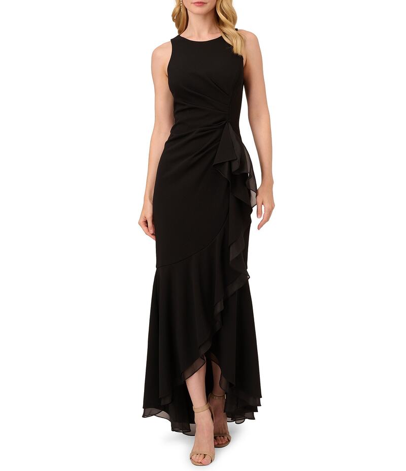 アドリアナ パペル レディース トップス ワンピース クルーネック フリル ノースリーブ Adrianna Papell Crew Neck Sleeveless Cascading Ruffle High-Low Dress Black ブラック