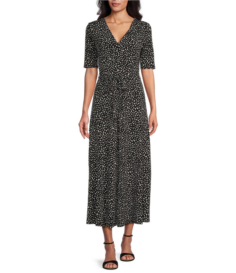 プレストンアンドヨーク レディース トップス ワンピース Vネック ミディワンピース プリント ミディ ニット Preston & York Sydney Antelope Print Knit V-Neck Short Sleeve Tie Waist Faux Wrap Midi Dress Black Antelope ブラック