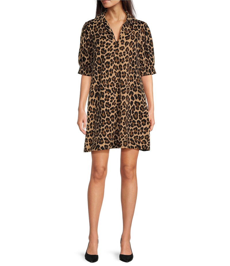 ジュードコーナリー レディース トップス ワンピース プリント ニット Jude Connally Emerson Large Leopard Print Jude Cloth Knit Point Collar Puffed Sleeve Shift Dress Large Leopard Brown Camel ブラウン