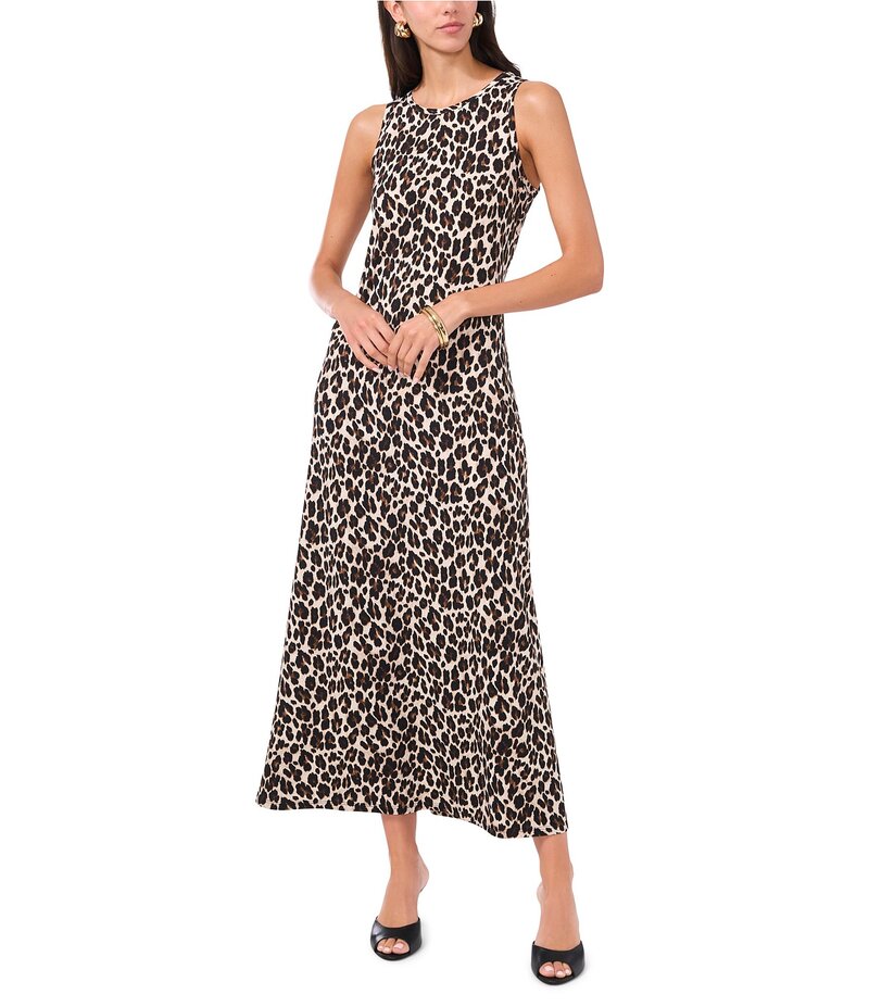 ヴィンスカムート レディース トップス ワンピース クルーネック マキシワンピース ノースリーブ ニット マキシ Vince Camuto Knit Leopard Crew Neck Sleeveless Back Keyhole Split Hem Column Maxi Dress Rich Black ブラック｜ReVida 店