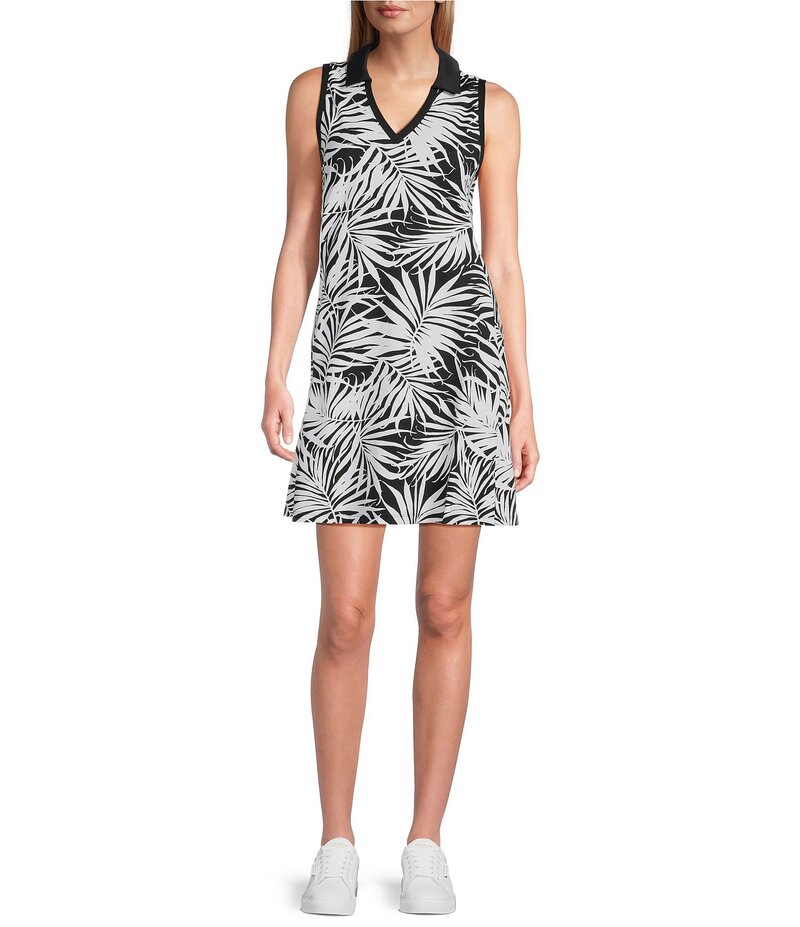 トッミーバハマ レディース トップス ワンピース A ライン ポロシャツ プリント ノースリーブ ジャージー Tommy Bahama Aubrey Lorenzo Jersey Leaf Print Polo Collar Sleeveless A-Line Dress Black ブラック