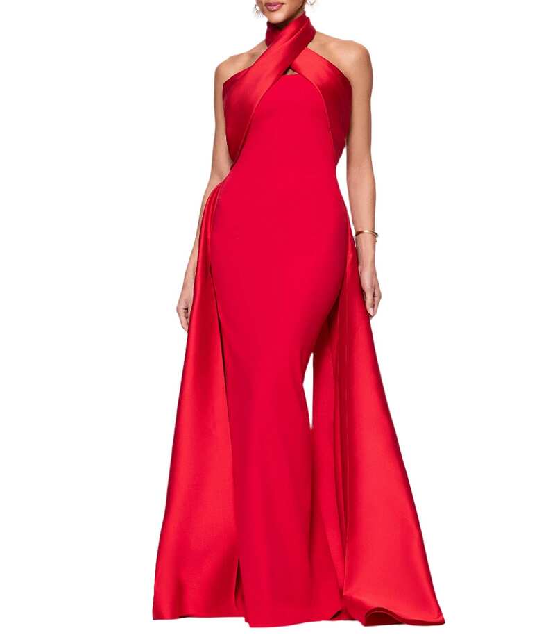 ベッツィアンドアダム レディース トップス ワンピース オーバーレイ ホルター Betsy & Adam Twist Front Halter Sleevess Mixed Media Column Gown With Overlay Red レッド