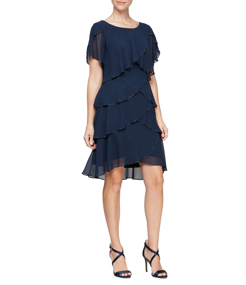 イグナイト レディース トップス ワンピース フリル裾 ティアード フリル Ignite Evenings Beaded Trim Tiered Scoop Neck Short Flutter Sleeve Tiered Ruffle Hem Dress New Navy ネイビー|ReVida 店