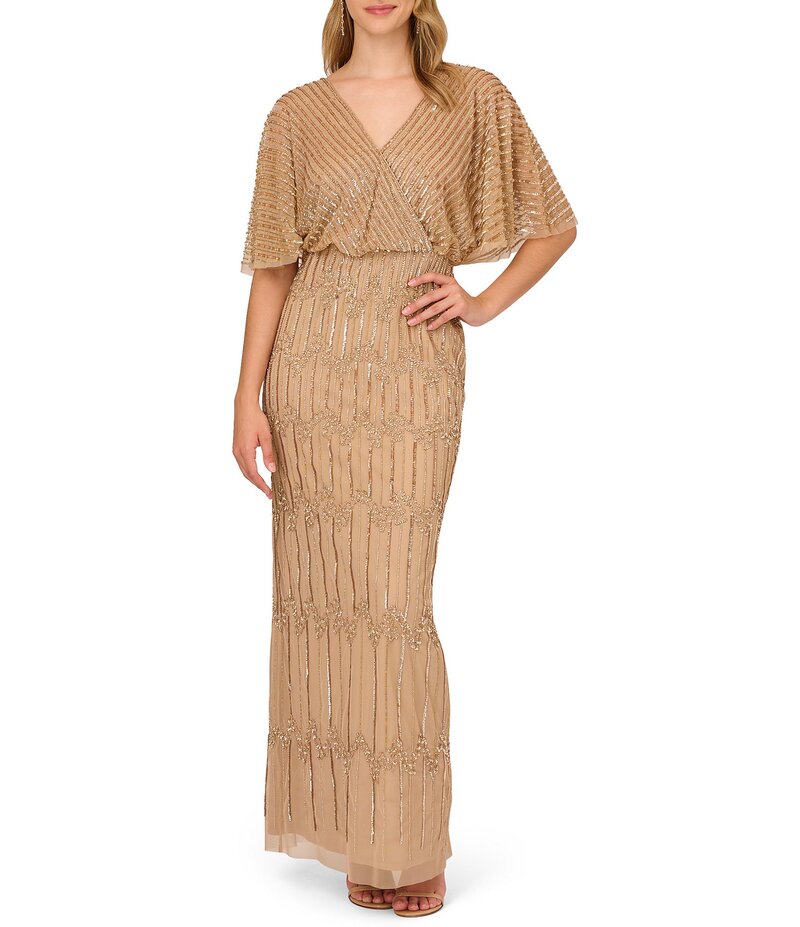 アドリアナ パペル レディース トップス ワンピース Vネック Adrianna Papell Beaded Short Flutter Sleeve V-Neck Blouson Gown Champagne Gold ゴールド｜ReVida 店