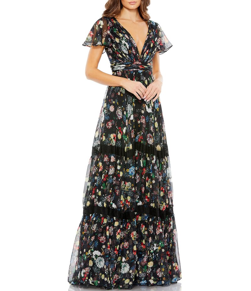 マックダガル レディース トップス ワンピース Vネック ティアード A ライン フラワー柄 プリーツ プリント フラワー Mac Duggal Floral Print Short Flutter Sleeve Plunge V-Neck Pleated Tiered A-Line Gown Black Multi ブラック|ReVida 店