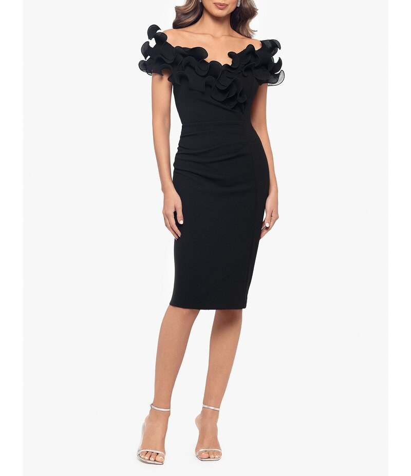 エスケープ レディース トップス ワンピース Vネック クレープ ギャザー フリル スキューバ ノースリーブ Xscape Scuba Crepe V-Neck Sleeveless Wire Ruffle Trim Ruched Back Dress Black ブラック|ReVida 店
