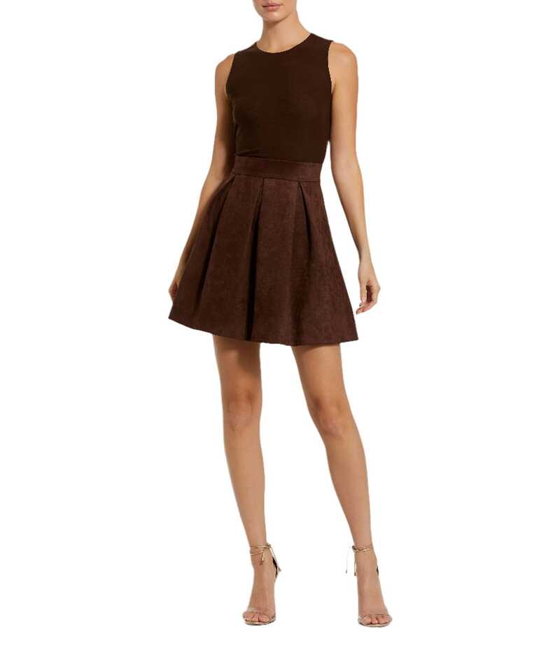 マックダガル レディース トップス ワンピース ミニワンピース ミニ メッシュ スエード スカート ノースリーブ Mac Duggal Sleeveless Mixed Media Mesh Bodice Suede Skirt Fit & Flare Mini Dress Chocolate チョコレート｜ReVida 店