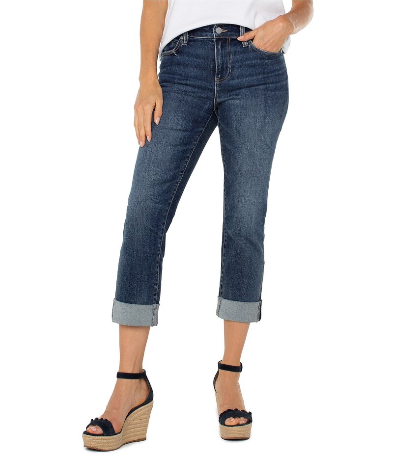 リヴァプール ロサンゼルス レディース ボトムス デニムパンツ ストレート デニム ジーンズ Liverpool Los Angeles Charlie Stretch Denim Mid-Rise Straight Leg Wide Rolled Cuff Jeans Weels デニム