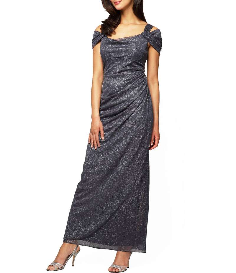 アレックスイブニングス レディース トップス ワンピース プチ ギャザー メッシュ キャップ Alex Evenings Petite Size Cowl Square Neck Cap Sleeve Cold Shoulder Ruched Side Glitter Mesh Gown Smoke スモーク｜ReVida 店
