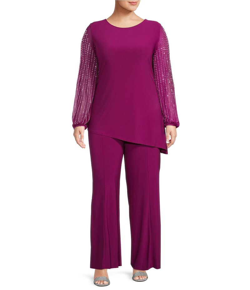 マリナ レディース トップス ワンピース クルーネック プラスサイズ Marina Plus Size Beaded Long Sleeve Crew Neck 2-Piece Pant Set Fuchsia フューシャ
