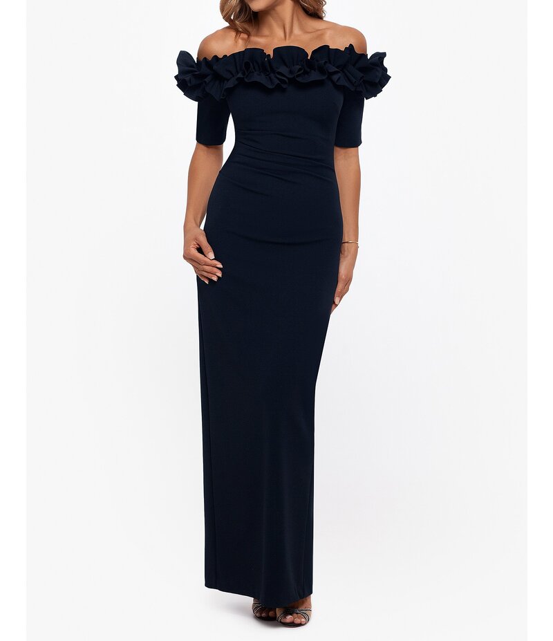 エスケープ レディース トップス ワンピース クレープ プチ フリル Xscape Petite Size Ruffled Off-the-Shoulder Short Sleeve Crepe Sheath Gown Navy ネイビー|ReVida 店