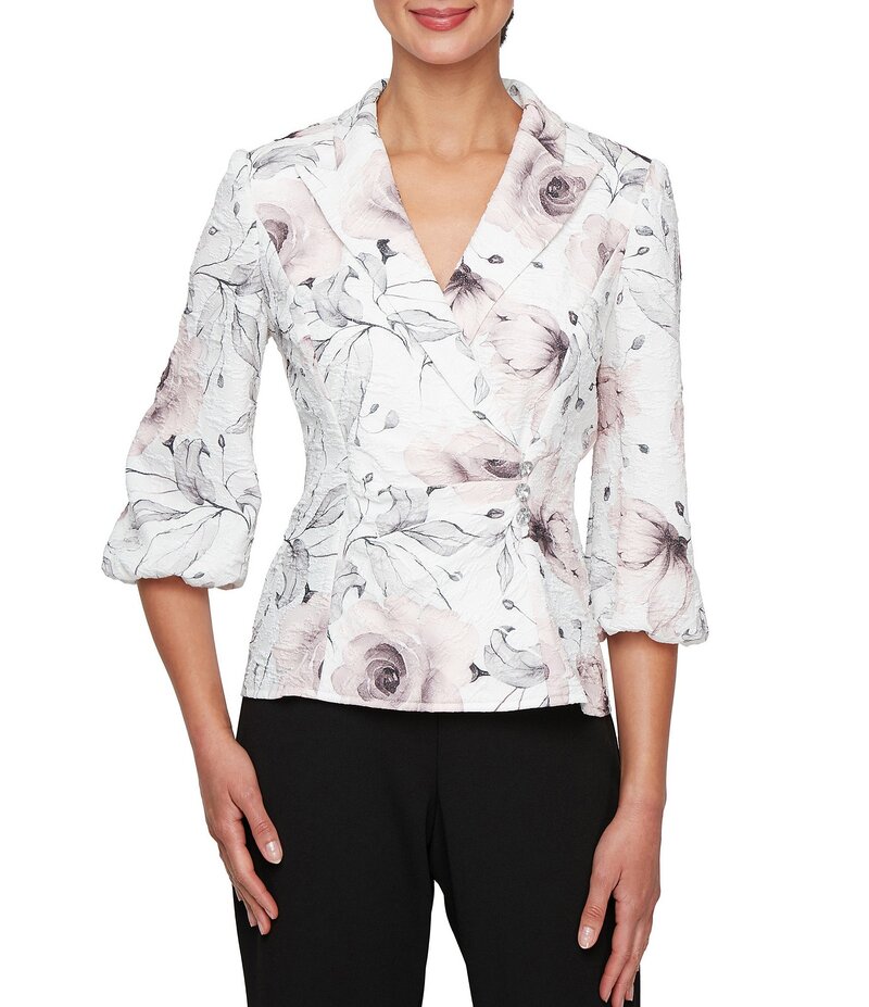 アレックスイブニングス レディース トップス ワンピース Vネック フラワー柄 プチ ブラウス フラワー Alex Evenings Petite Size Jacquard Collared V-Neck 3/4 Bubble Hem Sleeve Floral Blouse Ivory/Pink アイボリー