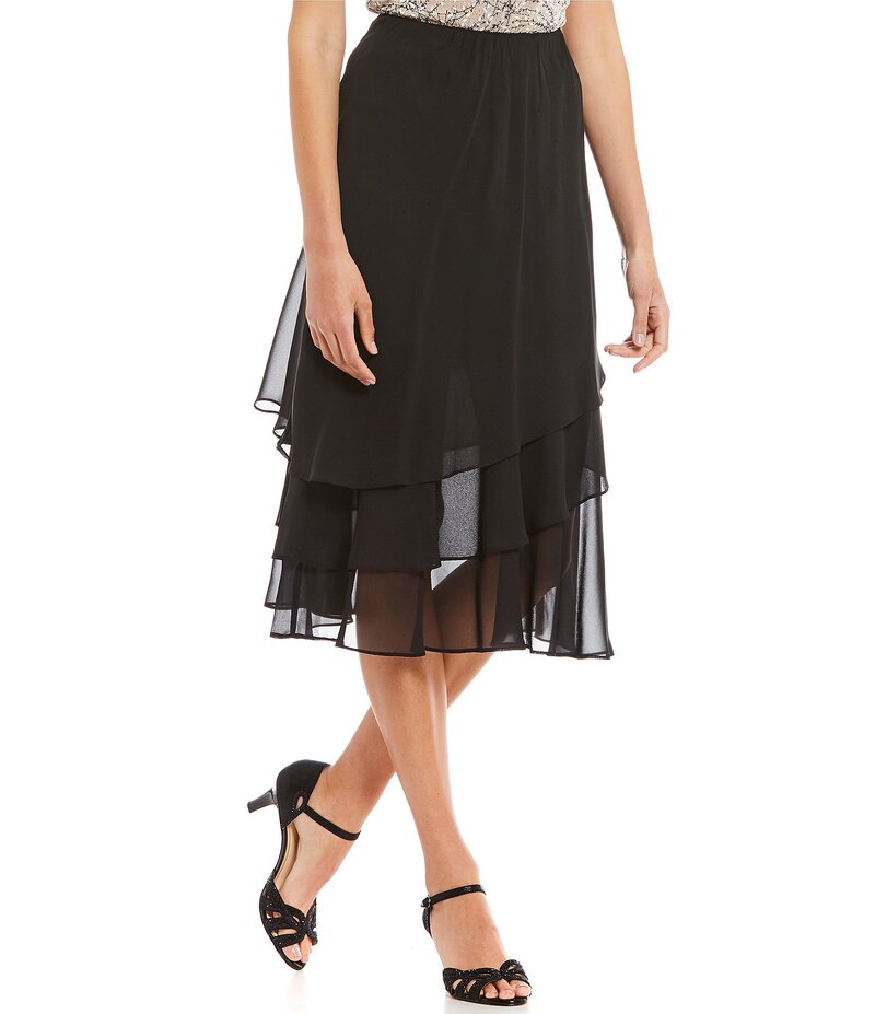 アレックスイブニングス レディース ボトムス スカート ティアード シフォン プチ Alex Evenings Petite Size Tea Length Tiered Chiffon Skirt Black ブラック