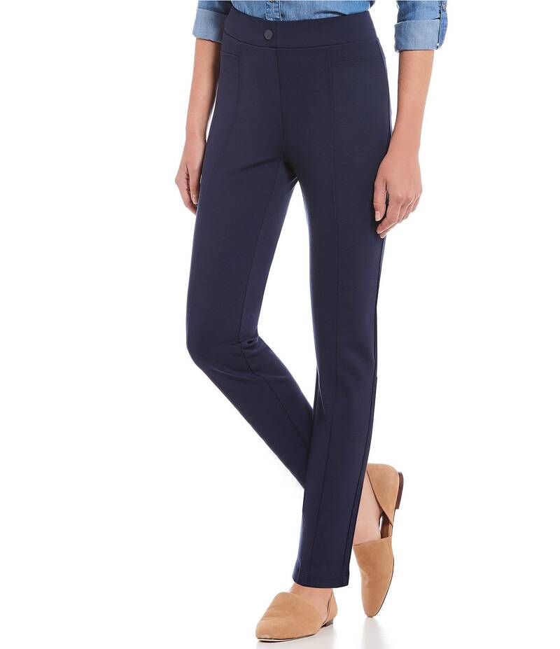 イントロ レディース ボトムス カジュアルパンツ ストレート プチ パンツ ニット Intro Petite Size Bella Solid Double Knit Slim Her Straight Leg Pants Navy ネイビー｜ReVida 店