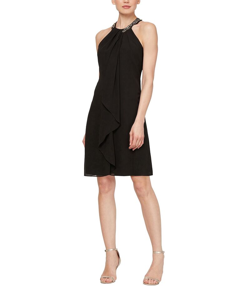 イグナイト レディース トップス ワンピース シフォン プチ フリル ノースリーブ ホルター Ignite Evenings Petite Size Beaded Halter Neck Sleeveless Cascade Front Ruffle Chiffon Dress Black ブラック