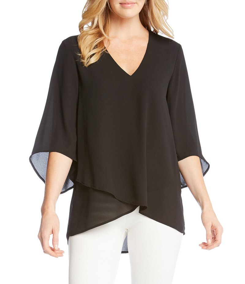 カレンケーン レディース トップス シャツ Vネック クレープ プチ シルク Karen Kane Petite Size V-Neck 3/4 Sleeve Crossover Hem Silky Crepe Top Black ブラック