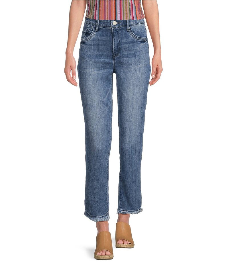 デモクラシー レディース ボトムス デニムパンツ プチ 刺繍 ジーンズ Democracy Petite Size AbsolutionR High Rise Embroidered Straight Slim Leg Fray Hem Jeans Mid Blue ブルー|ReVida 店