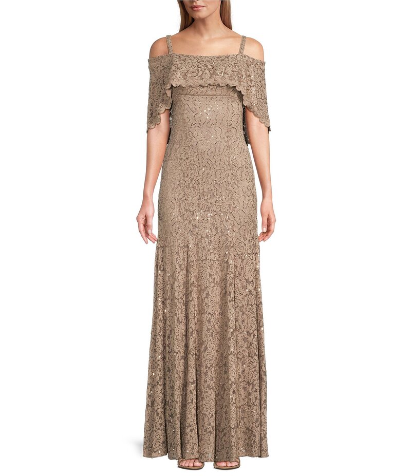 アールアンドエムリチャーズ レディース トップス ワンピース プチ スパンコール レース R & M Richards Petite Size Off-The-Shoulder Short Sleeve Sequin Lace Mermaid Gown Champange